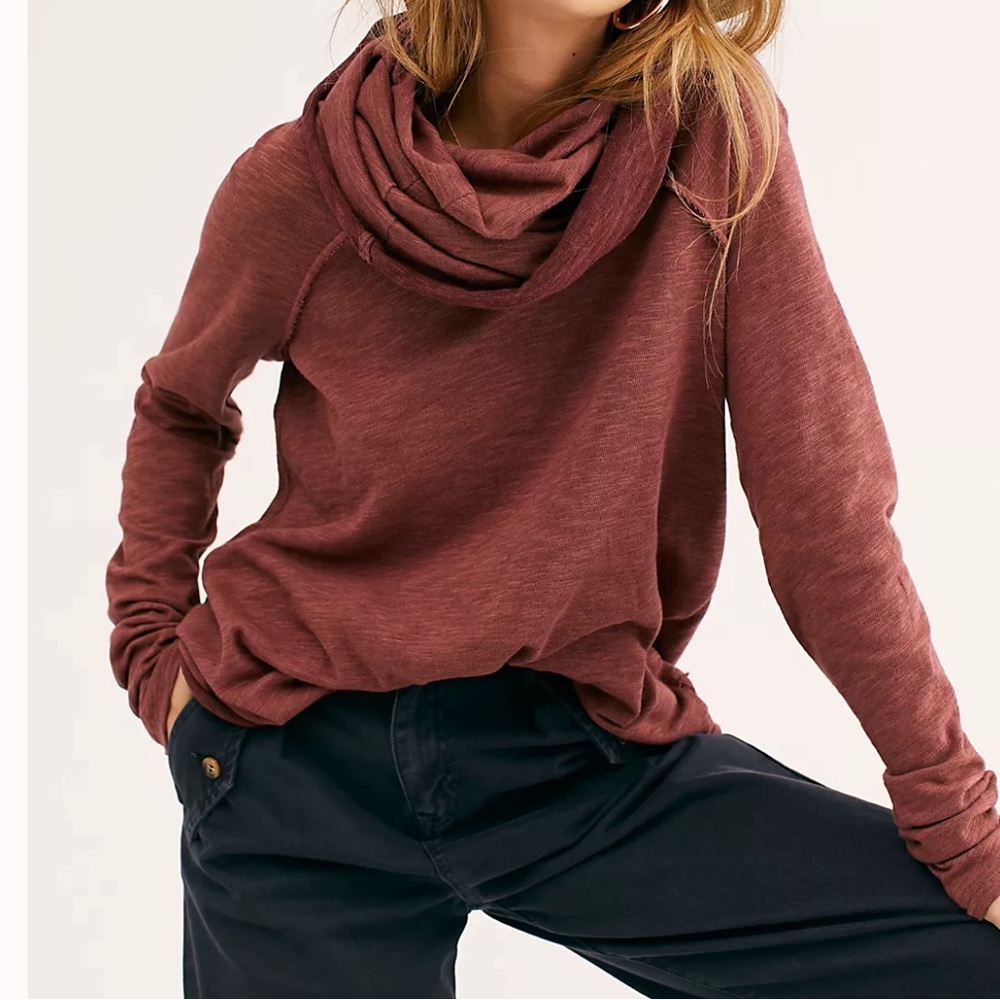 Free People Beach Terracotta Cocoon Funnel Neck Oversized Pullover.
